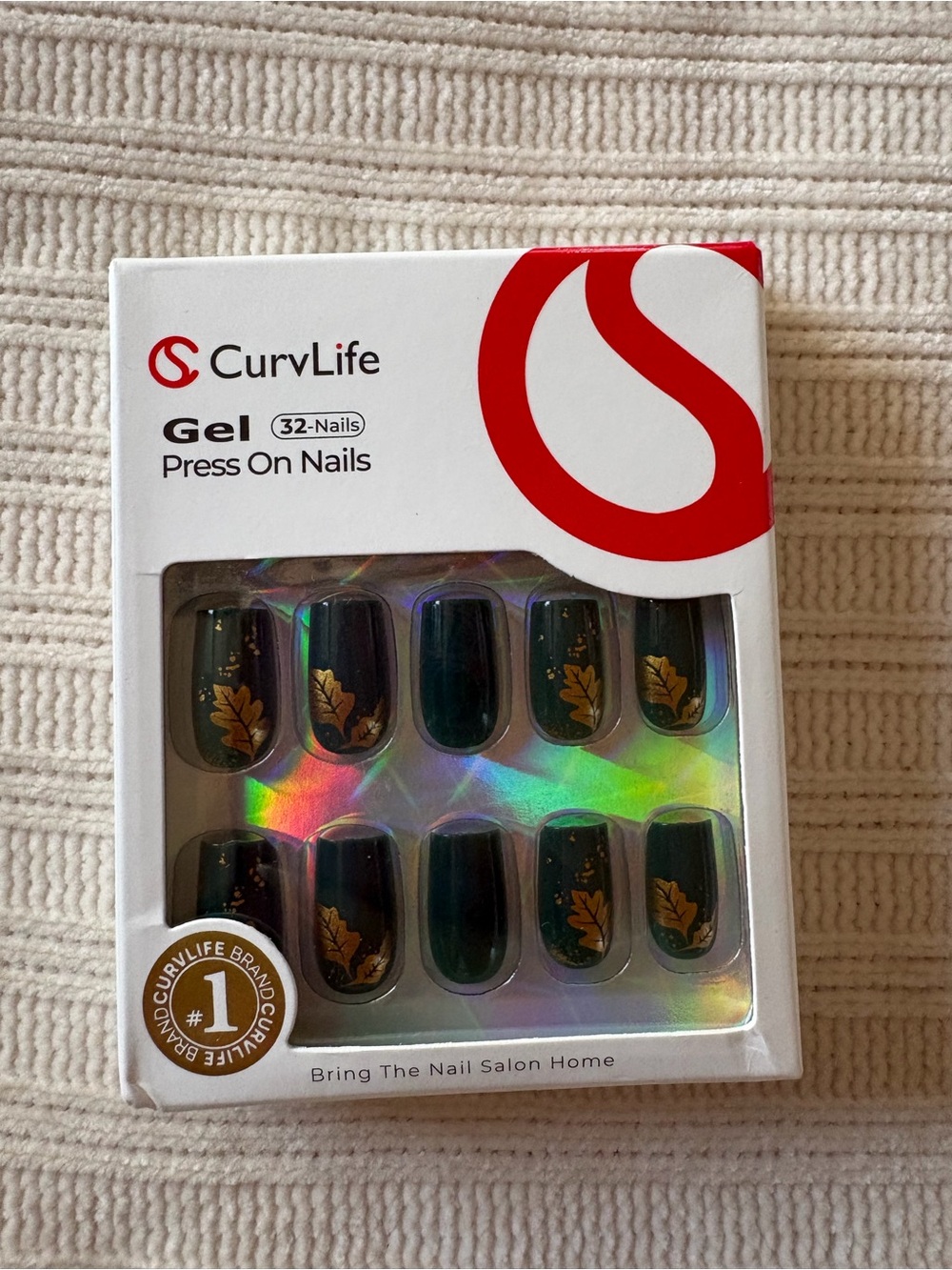 Curvlife Gel Press On Nails - Dark Green with Gold Leaf Design (32 Nails) Fall